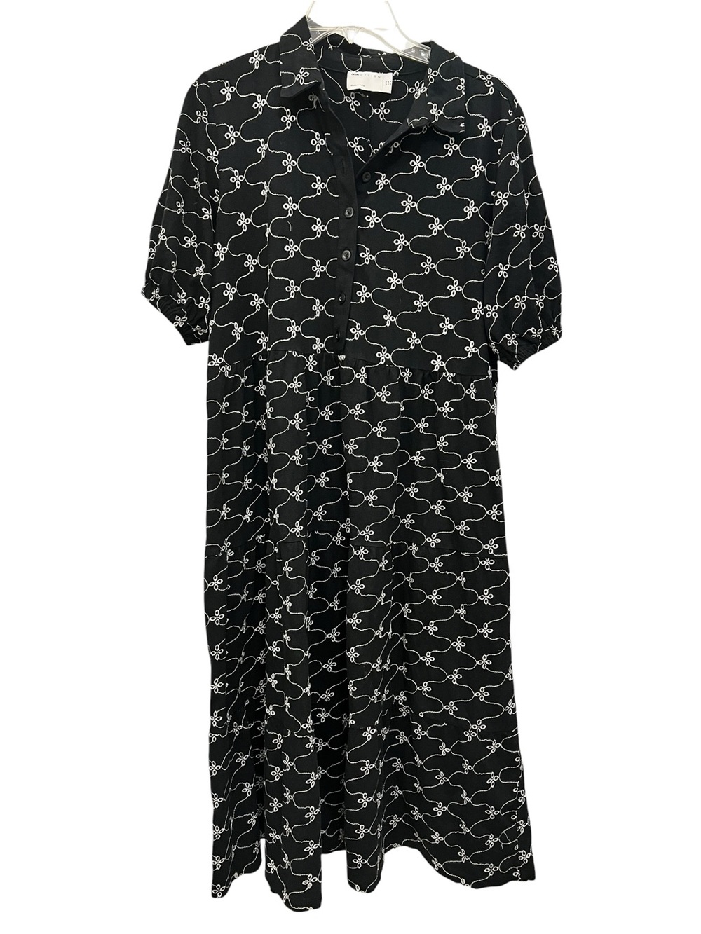 ASOS Black Midi shirt Dress with White embroidered Chain-Link eyelet detail.